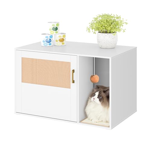 Hzuaneri Katzenschrank mit Rattan Tür Versteckte Katzentoilette Boho Stil Holz Haustier Haus Katzenstreu Speicher Schrank Sitzbank 50 x 80 x 50 cm Weiß CB05603X