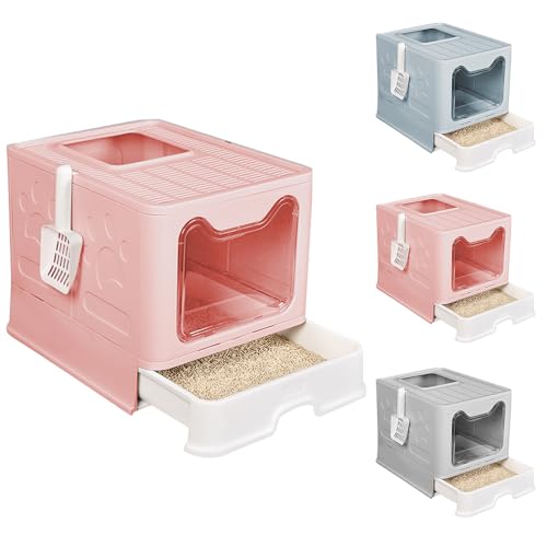 OHMG Katzenklo Edelstahl Katzentoilette mit Deckel Zubehör Inklusive Schaufel und Matte Katzen Klo Geschlossen Groß XXL Cat Litter Box Ausziehbares Tablett Blau-51 41 38cm