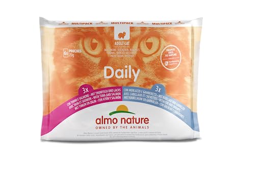 almo nature Daily Multipack komplettes Nassfutter für Erwachsene Katzen mit Thunfisch und Lachs mit Kabeljau und Garnelen 6 Beutel 70 g