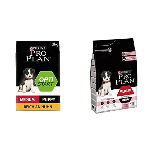 PURINA PRO PLAN Medium Puppy Welpenfutter trocken mit OPTISTART reich an Huhn 1er Pack 1 x 3kg PURINA PRO PLAN Medium Puppy Welpenfutter trocken mit OPTIDERMA reich an Lachs 1er Pack 1 x 3kg