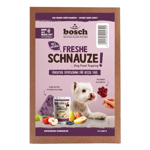 Bosch Freshe Schnauze - Aktionspaket Frucht 4 x 200 g GRATIS Eisform für Hundeeis Topping für Hundefutter Trockenfutter und Nassfutter geeignet mit frischen Äpfeln Birnen Blaubeeren