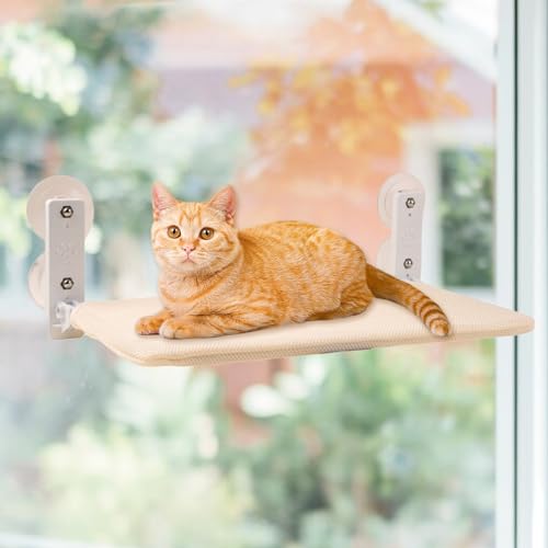 Katzen Hängematte Fensterplätze für Katzen Klappbar Katzenbett Fenster mit Stabil Saugnäpfe bis zu 20kg Beige L 52 X 30CM