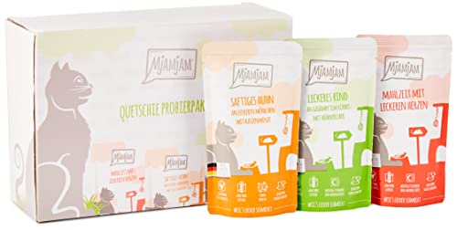 MjAMjAM - Premium Nassfutter für Katzen - Mixpaket 1 - Huhn Rind Herzen 12er Pack 12 x 125 g getreidefrei mit extra viel Fleisch