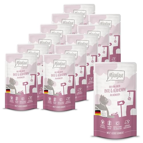 MjAMjAM - Premium Nassfutter für Katzen - Quetschie - DUO von zarter Ente saftigem Hühnchen an Möhrchen 12er Pack 12 x 125g getreidefrei mit extra viel Fleisch