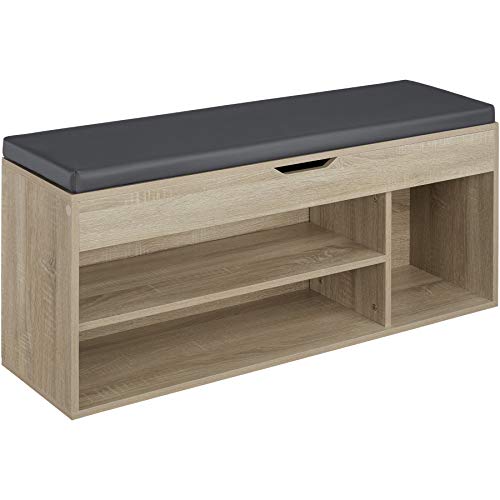 tectake Sitzbank mit Stauraum Schuhregal mit Sitzbank 104 x 30 x 49 cm Hocker mit Stauraum Schuhregal schmal platzsparend als Ablage Dielen- Flurmöbel Garderobe - Holz hell Eiche Sonoma