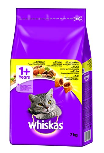 Whiskas Adult 1 Katzentrockenfutter Knabberstückchen mit Huhn Hochwertiges Trockenfutter ausgewachsene Katzen Katzenfutter Beutel 1x 7kg