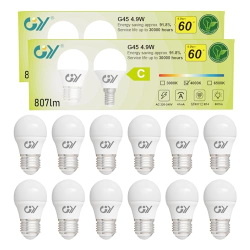 GY Neutralweiss 4.9W 4000K 807 Lumen NeutralweiÃŸ Leuchtmittel G45 Energiesparlampe 60W Halogenlampe ersetzt Nicht Dimmbar Birnen 12 stÃ¼ck Energieeffizienzklasse C