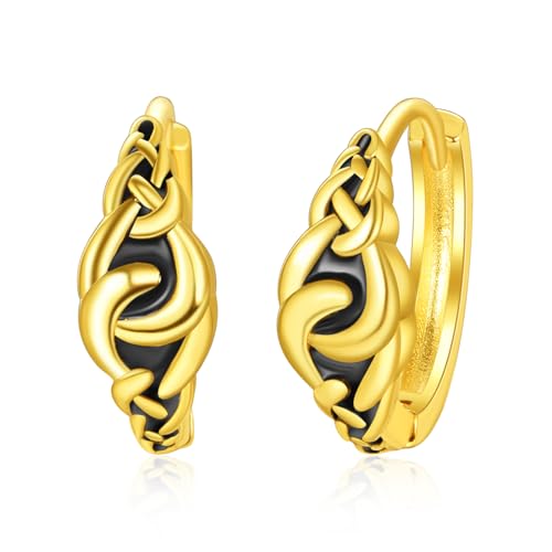 TANGPOET Schwarz Ohrringe 925 Sterling Silber Gold Keltischer Knoten Creolen Kleine Hypoallergene Klappcreolen Schmuck Geschenke für Damen Frauen Mädchen