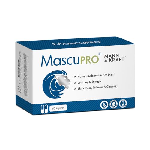 MascuPRO Mann Kraft - 20 1 Black Maca Tribulus Bockshornklee Cordyceps Zink Aminosäuren 60 Kapseln für Energie Leistung Hormonbalance