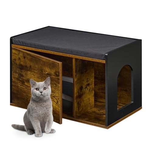 Relaxdays Katzenkloschrank mit Sitzauflage Katzenhaus Sitzbank HBT 45 5 x 75 x 43 cm für Katzenklo braun schwarz