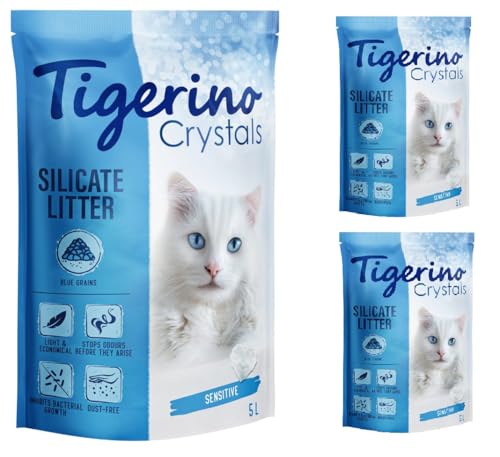 Tigerino - Crystals Katzenstreu 15L Blau Multipack Sensitive parfümfrei für geruchssensible Katzen staubfrei stark absorbierfähig und ergiebig Ohne Duftstoffe 3x5L Blau