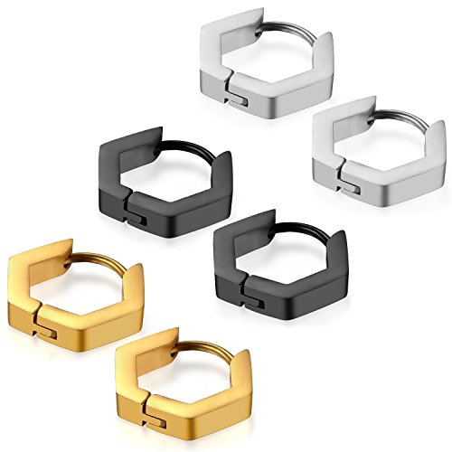 Flongo 6 Stück Edelstahl Creolen Gestüt Stecker Huggie Ohrringe Ohrstecker Ohrhänger Silber Schwarz Gold Sechseck Hexagon Charm Charme Herren Damen Schmuckset