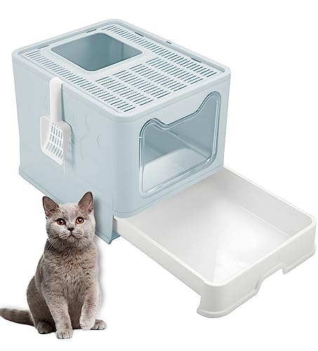 Katzenklo Katzentoilette mit deckel Leicht zu reinigen katzenklo groß Katzentoilette mit Schublade Katzenklo Schaufel Katzenklo xxl Katzenklo Geschlossen Geruchskontrolle 51 41 38cm Blau