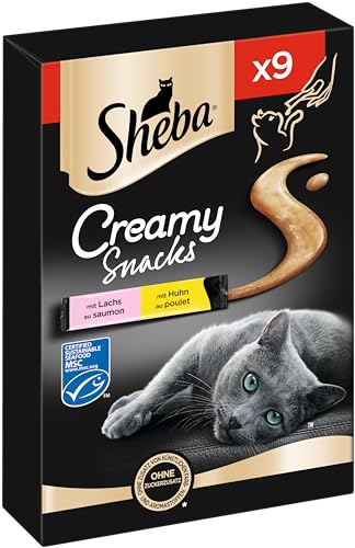 Sheba Creamy Snacks Cremiges Katzen-Leckerli mit Huhn Lachs Praktische Sticks zum aus der Hand Schlecken 7 x 9 x 12g