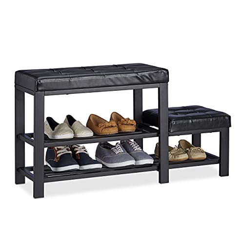 Relaxdays Schuhbank mit Fußschemel bequeme Sitzpolsterung 2 Ebenen Schuhregal für Kinder 50 x 30 5 x 90 5 cm Schwarz