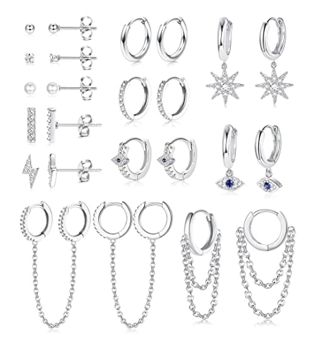 YADOCA 12 Paar Kleine Ohrstecker Set für Damen Mädchen Edelstahl Huggies Creolen Ohrring Evil Eye Stern Perle Kugel Kette Creolen Knorpel Tragus Ohrringe für Frauen