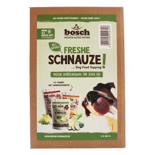 Bosch Freshe Schnauze - Gemüsekiste Aktionspaket 6 x 200 g Mixpaket mit Roten Grünen und Gelben Toppings für Hundefutter Für Trockenfutter und Nassfutter geeignet