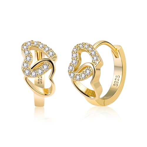 Gold Ohrringe Kleine Creolen für Damen Kleine Herz Creolen Sterling Silber Ohrringe Hypoallergen Kleine Huggie Creolen Ohrringe Zirkonia Doppeltem Herz Ohrringe Geschenk für Frauen Mädchen