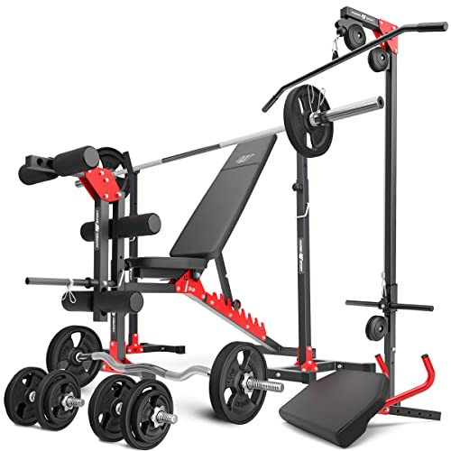 Marbo Sport Set MH25 2 teiliger Langehantelständer Latzug Curl Bank Beintrainer 1x SZ Curlstange 2X Kurzhantelstange 1x gummierte Gewichtsscheiben 83 insg.