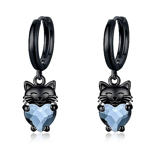 Schwarze Katze Ohrringe für Mädchen 925 Sterling Silber Schwarze Katze Tropfen Hängend Creolen Ohrringe mit Blauem Kristall Katze Geschenke Schmuck für Frauen