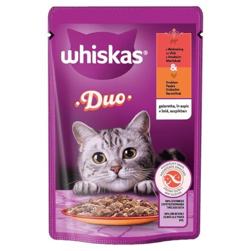 Whiskas Adult 1 Nassfutter für Katzen Duo Classic Combos in Gelee mit Rind und Geflügel 2 x 28 x 85g 56 Beutel