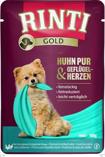 Rinti Gold Mini Huhn Pur Geflügelherzen 10 x 100 g Alleinfuttermittel für ausgewachsene kleine Hunde Ausschließlich Huhn für empfindliche Hunde bei Allergien Im Frischebeutel