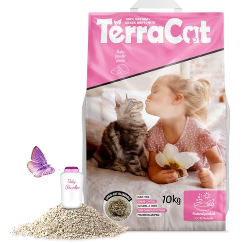 TerraCat Katzenstreu 12.5L - 10Kg Cat Litter 100% Natürlicher Griechischer Bentonit Katzenstreu Klumpstreu Hohe Saugfähigkeit Klumpstreu für Katzen Staubfrei Katzenstreu Klumpend Babypuder Duft