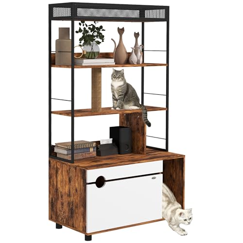 PawHut 2-in-1 Katzenklo Schrank Katzenklo mit 3-Ebenen-Regal Kratzpfosten Klapptür Katzenhaus für Katze unter 6 kg 80 x 48 x 152 cm Rustikal-Braun