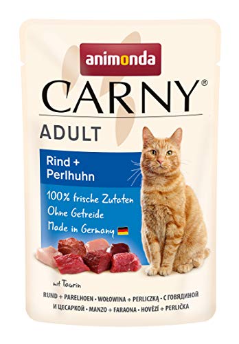 Carny Katzenfutter nass Pouch Rind Perlhuhn 12 x 85g Katzen Nassfutter ohne Getreide und Zucker für ausgewachsene Katzen von animonda mit frischen fleischlichen Zutaten praktische Portionsbeutel