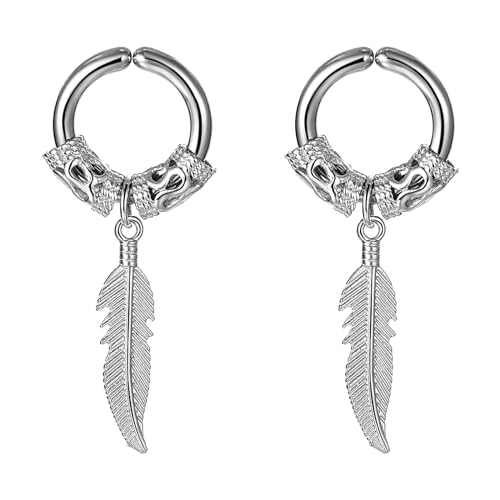 Flongo Fake Ohrringe ohne loch Damen Huggie Hoop Feder ohrclips silber Creolen ohne ohrloch Feather Non-Pierced Ohrklemme Ohr Clips Earrings Gothic Edelstahl wikinger Schmuck Geschenk Frauen Herren