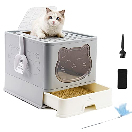 HelloMiao Vollständig Geschlossene Schubladentyp Desodorierende Cat Litter Box Gross Faltbare klo Haustier Kunststoffschaufel Geeignet für jeden Alters