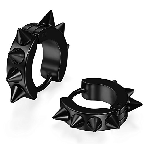 JewelryWe Schmuck Punk Edelstahl Spike Spitzen Nieten Hip Hop Huggie Hoop Klappcreolen Plug Piercing Clip Gothic Schwarz