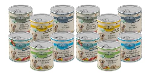 Landfleisch Classic Hundefutter 12 x 800g Mixpaket mit garantiert 6 Sorten Nassfutter für Hunde mit extra viel Fleisch und Gemüse