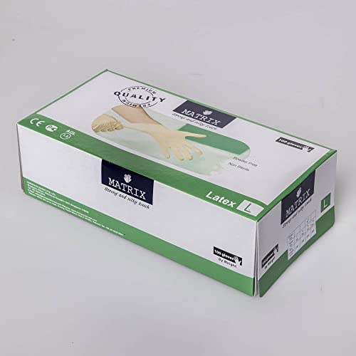 Enpack Matrix Einweghandschuhe 100 Stück in Größe M - Latex-Handschuhe Puderfrei in Spender-Box - Lebensmittel Einmalhandschuhe in weiß gelb - Gummihandschuhe elastisch - disposible gloves