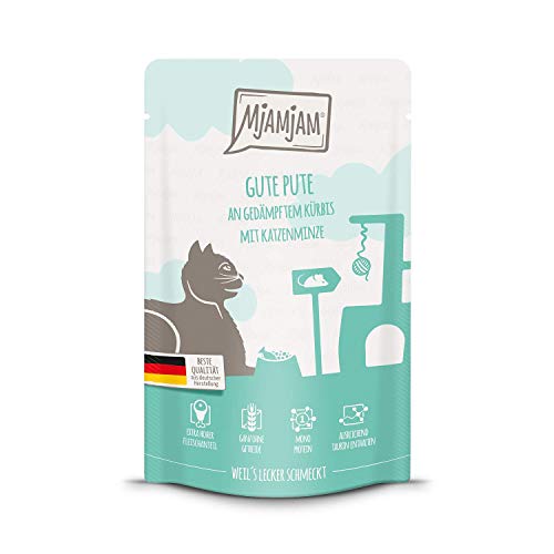 MjAMjAM - Premium Nassfutter für Katzen - Quetschie - Gute Pute an gedämpftem Kürbis 1er Pack 1 x 125 g getreidefrei mit extra viel Fleisch
