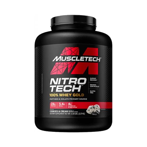 MuscleTech NitroTech 100% Whey Gold Protein Pulver Whey Isolate Proteinpulver Peptides Proteinpulver für Männer und Frauen 5.5g BCAA 71 Servings 2.27kg Cookies Cream