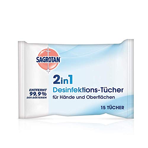 Sagrotan 2in1-Desinfektionstücher Zum Desinfizieren von Händen und Oberflächen 1 x 15 Feuchttücher in wiederverschließbarer Verpackung
