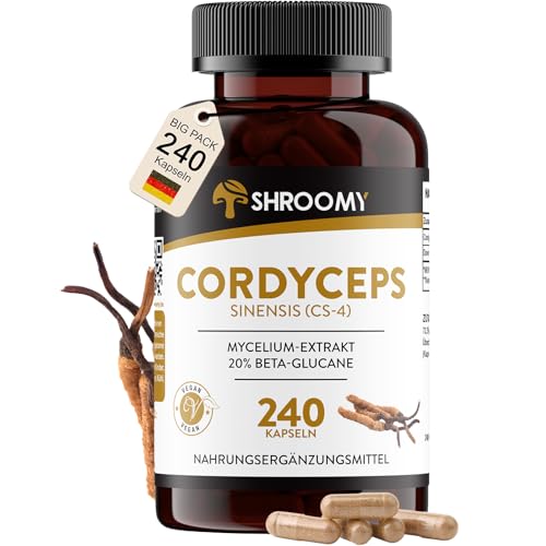 Cordyceps Kapseln hochdosiert - 240 Stück - 40% Polysaccaride - 20% Beta Glucane - 1014mg Pilz Extrakt Pulver pro Tagesdosis - Laborgeprüft und Vegan - DE - SHROOMY