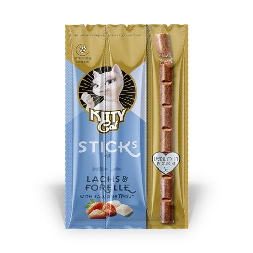 KITTY Cat Sticks Lachs Forelle 24 x 15 g Großpackung softe Leckerlis für Katzen getreidefreier Snack mit hohem Fleischanteil und Taurin 3 Sticks 5 g pro Packung