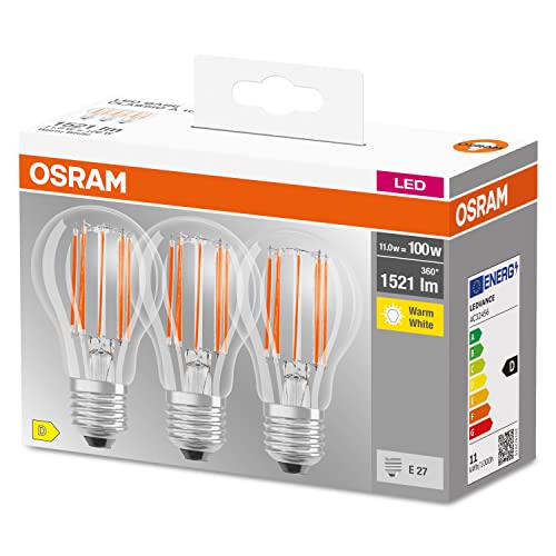 OSRAM BASE Classic A100 klare Filament Lampen aus Glas für E27 Sockel Birnenform Warmweiß 2700K 1521 Lumen Ersatz für herkömmliche 100W Glühbirnen 3er Box