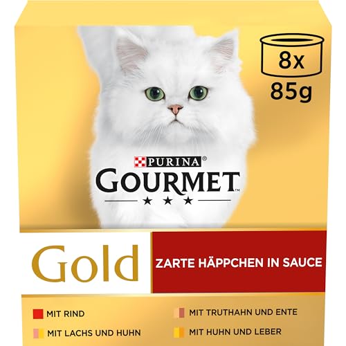 Gourmet Gold Zarte Häppchen in Sauce Katzenfutter nass Sorten-Mix 12er Pack 12 x 8 Dosen 85g