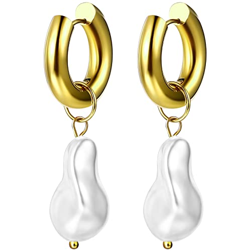 Flongo Hoop Ohrringe Perlen Gold Damen Barocke Tropfen Ohrstecker Perlenohrringe mit hängend unregelmäßig weiß Perle Baroque Huggie Creolen Earrings Pearl Drop Edelstahl für Frauen Mädchen