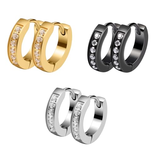 Epoch World 3 Paar Edelstahl Creolen Silber Ohrringe für Herren Damen Ohrringe Diamant Herren Männer Ohrringe Damen Creolen Gold Ohrringe Zirkonia Brilliant Ohrringe Creolen Herren Schwarz Klein 13MM