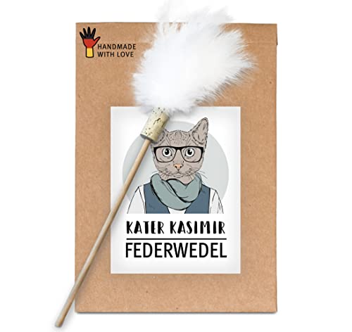 Premium Federwedel - In Deutschland von Hand und mit Liebe gefertigtes nachhaltiges Katzenspielzeug. Mit Holzstab aus Buche und echten Naturfedern Katzenangel