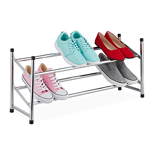 Relaxdays Schuhregal ausziehbar 2 Ebenen 10 Paar Schuhe Metall Kunststoff H x B x T 36 x 63-115 x 23 cm Silber Eisen 36 x 115 x 23 cm