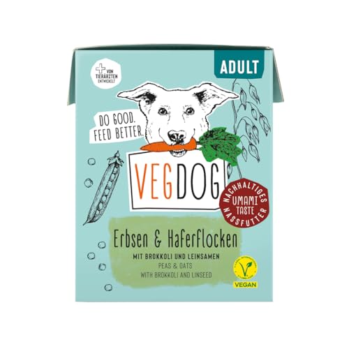 VEGDOG Adult veganes Nassfutter im Tetra Pak für Adulte Hunde Vorteilspack 10 x 390g mit Erbsen und Haferflocken getreidefreies Alleinfutter für Allergiker mit alternativer Proteinquelle