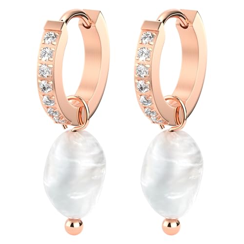 THIORA Damen Perlenohrringe - Caribbean Glow 2 in 1 Edelstahl Creolen 18kt Gold Rosegold Zirkonia Perle Nickelfrei Ohrringe für Frauen Rosegold