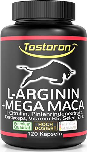 Tostoron dein Antrieb L ARGININ MEGA MACA   120   extra stark hochdosiert   laborgeprüft   plus L Citrullin Pinienrindenextrakt Vitamin B5 Selen Zink   1 Dose 1x 98 5 g