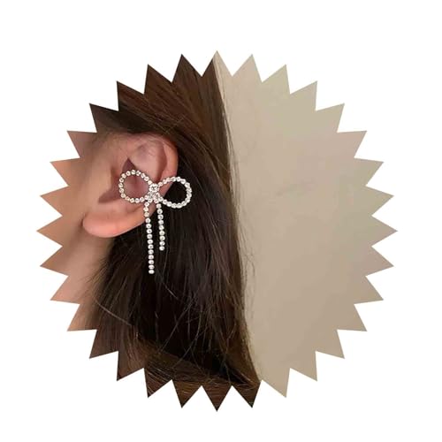 Inilbran Boho Kristallschleife Ohrclip Ohrringe Vintage Silber CZ Knorpel Ohrclips Strass Schleife Clip Manschettenohrringe Minimalistische Schleife Wrap Creolen Kein Piercing Ohrringe Schmuck links