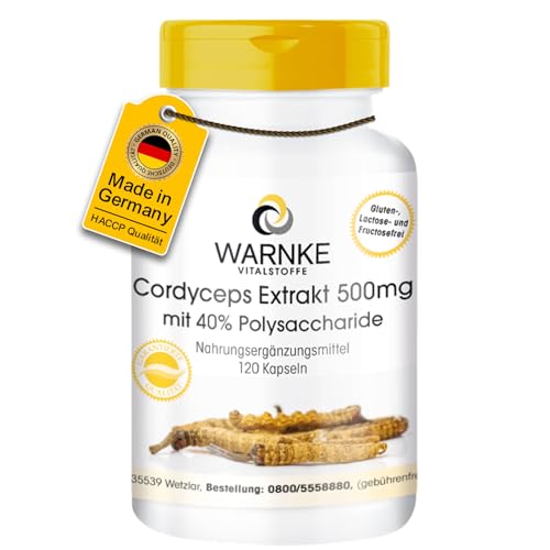 Cordyceps Extrakt 500 mg - 120 Kapseln standardisiert auf 40% Polysaccharide veganer Vitalpilz Warnke Vitalstoffe - Deutsche Apothekenqualität